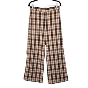 Cafe Noir Plaid Trouser Pants Womens M Tan Wide Leg Stretch Flat Front Career